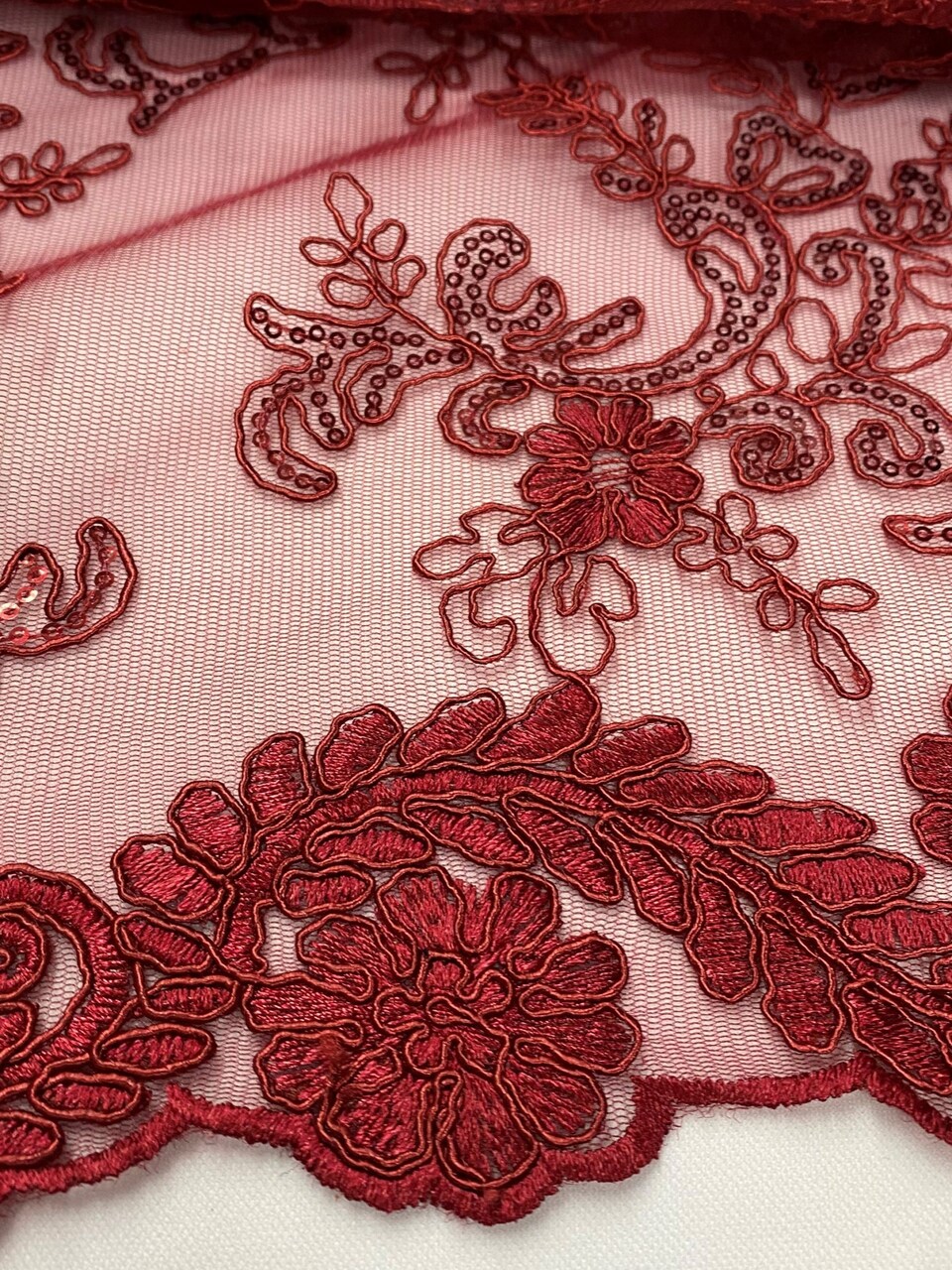 1 Yard Burgundy Sequin Corded Embroidered Lace Fabric with Scalloped Edges 54” Wide